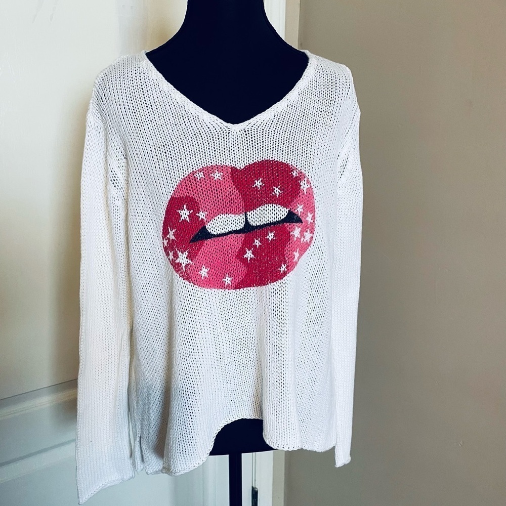 Wooden Ships Open Knit Lips Sweater White Red Size Small/Medium Artsy Punk Retro - Picture 6 of 8